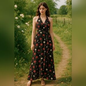 Black Floral Halter Maxi Dress M Cottagecore Garden Party Ruffle Spaghetti Strap